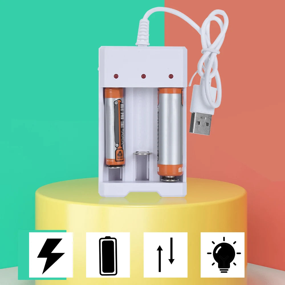 A white universal rechargeable battery charger with slots for AAA and AA cells, shown on a yellow stand.