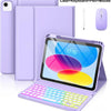 A purple multi-function case for an iPad showing the tablet, keyboard, pen, and mouse accessories.