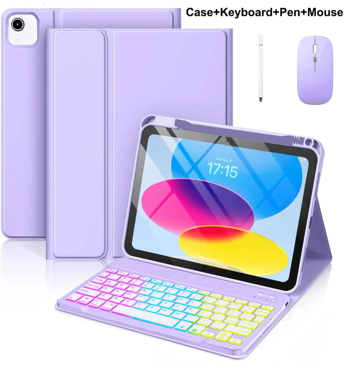 A purple multi-function case for an iPad showing the tablet, keyboard, pen, and mouse accessories.