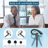 A pair of wireless Bluetooth earphones with a microphone shown alongside replacement ear caps and angle adjustment features.