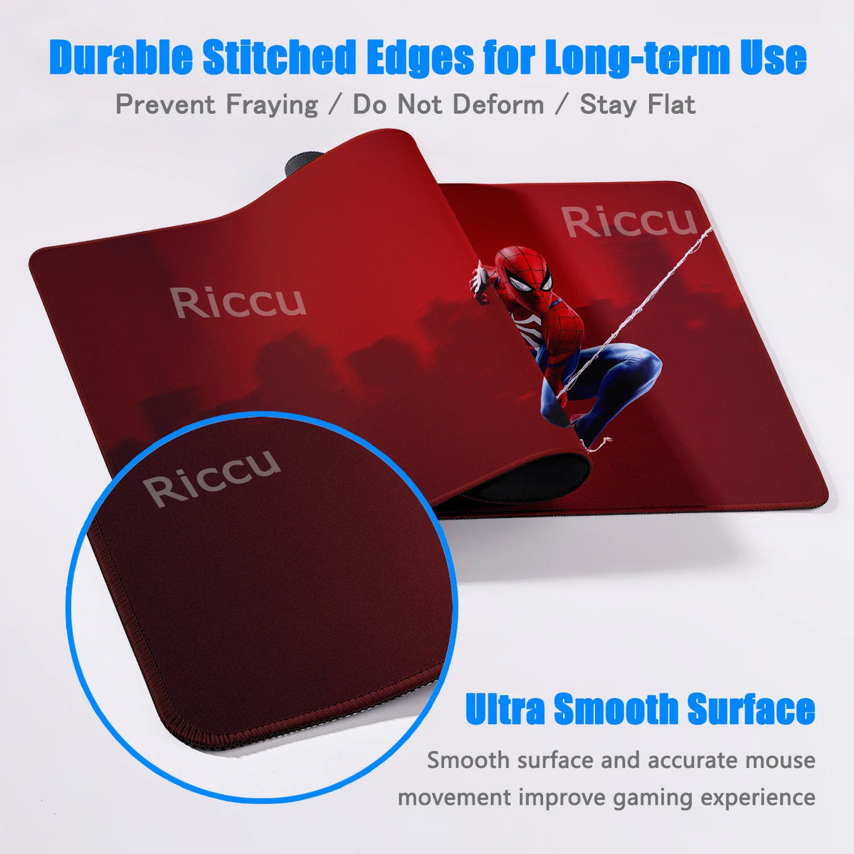 A red desk mat mouse pad featuring a Spider-Man design, emphasizing durable stitched edges and a smooth surface for gaming.