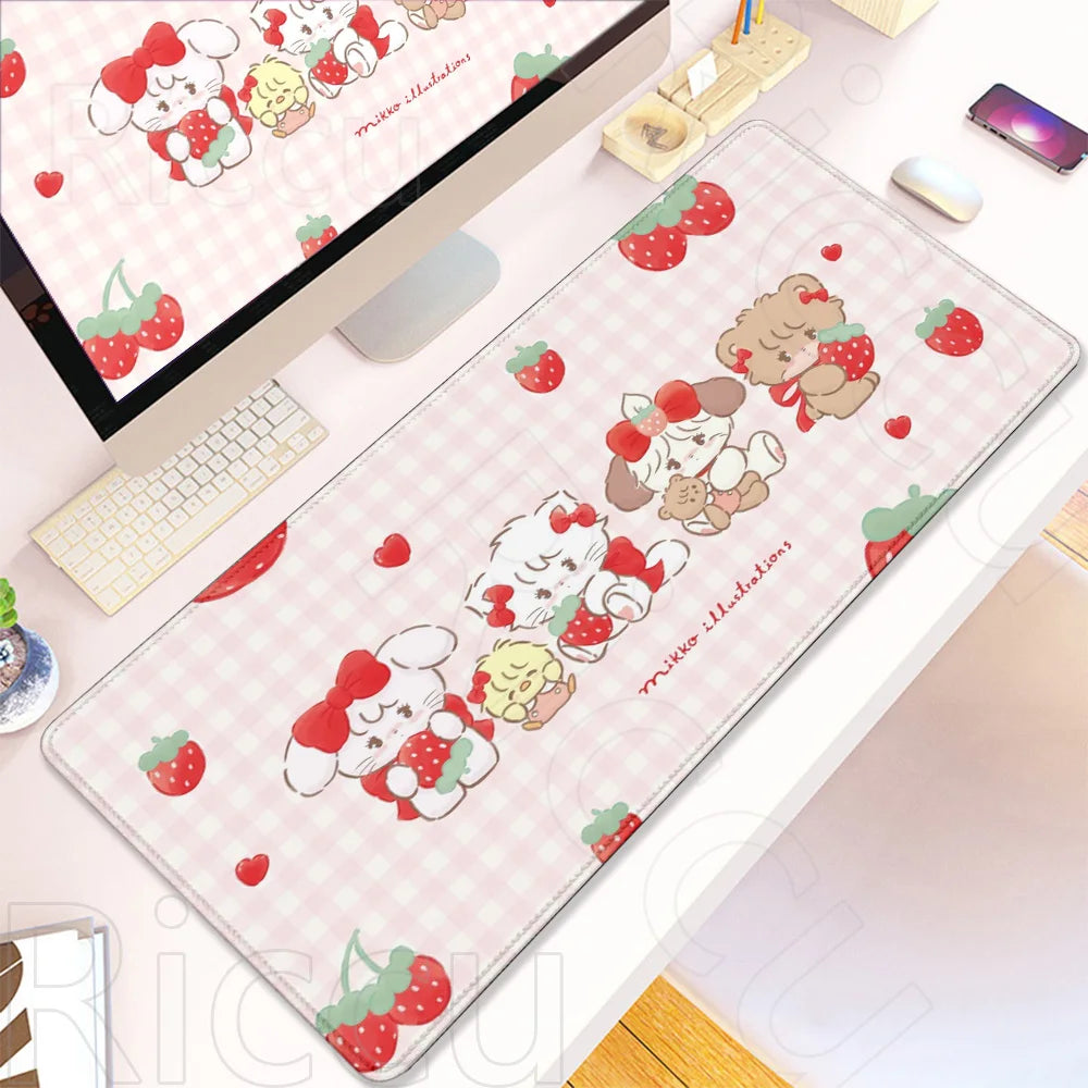 Pink cartoon themed gaming desk mat featuring cute bear and strawberry illustrations