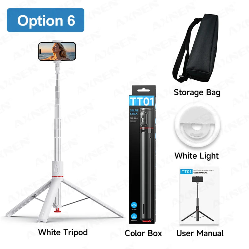 White tripod selfie stick and storage bag with color box and user manual
