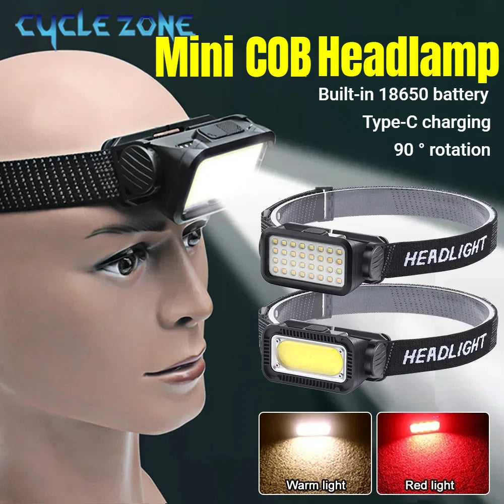 Mini COB Headlamp shown on a mannequin head with various light modes displayed below.