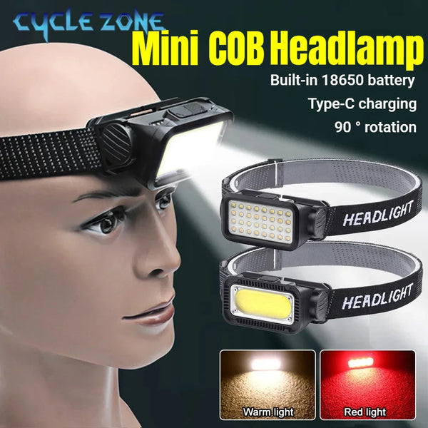 Mini COB Headlamp shown on a mannequin head with various light modes displayed below.