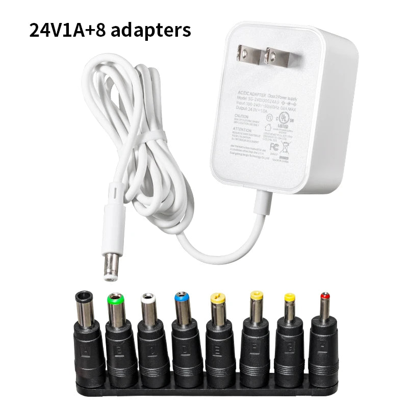 A set of 24V1A+8 DC switching power adapters and various connectors.