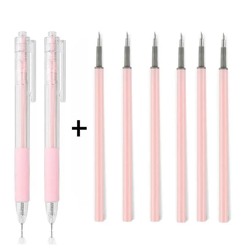 A set of precision utility knives in pink and clear packaging, showing various blade sizes.