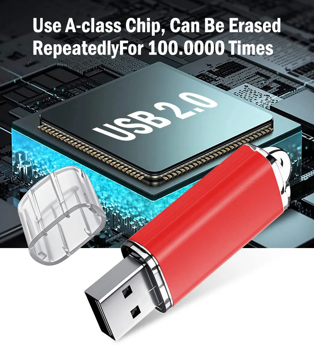 A red metal USB flash drive is shown next to a disassembled A-class chip and a USB 2.0 card.