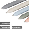 A collection of smooth fine tip gel pens in various shades of gray and blue, demonstrating reliable material and quick dry in