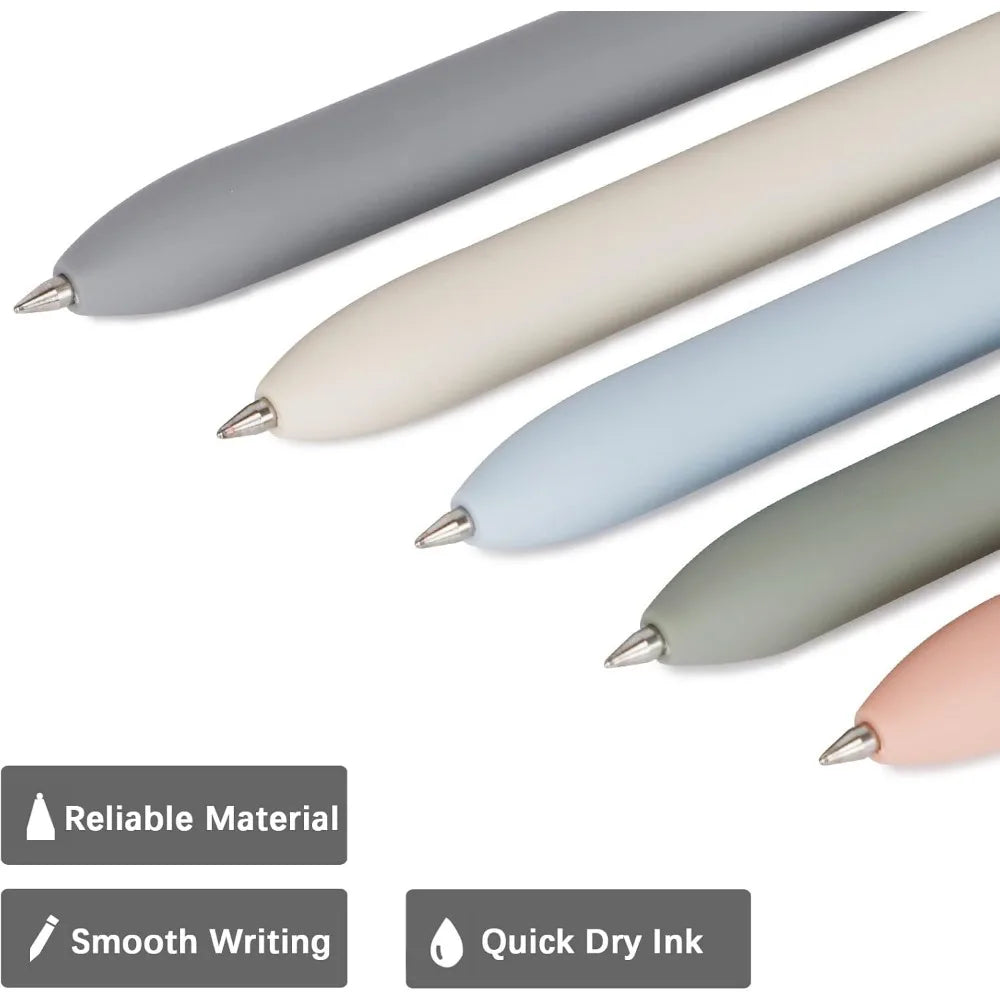 A collection of smooth fine tip gel pens in various shades of gray and blue, demonstrating reliable material and quick dry in
