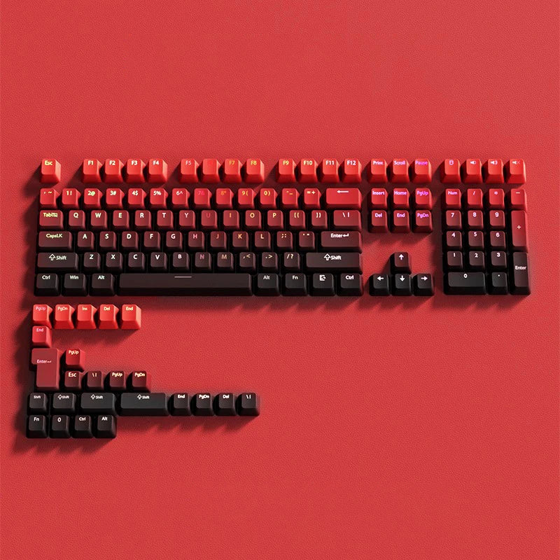 A close-up view of a red PBT keycap set for mechanical keyboards arranged on a solid red background.