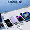 A purple portable charger with five output ports is shown next to a smartphone and a laptop.