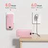 A pink power bank is shown with two charging options: an 8.0-hour built-in wall plug and a 6.0-hour Type-C input.