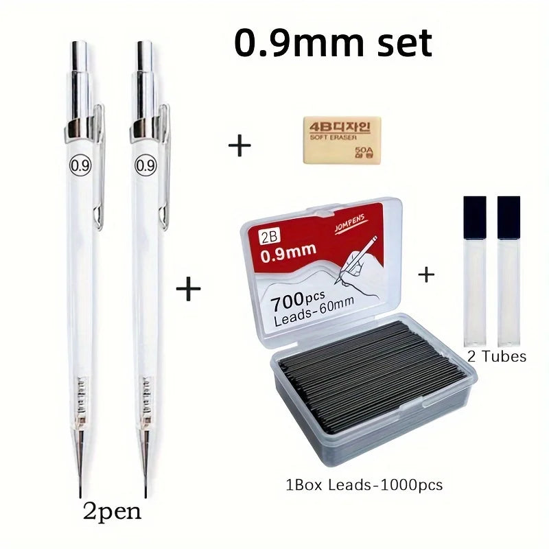 Un juego de lápices mecánicos de 0.9mm con grafitos reemplazables y una caja que contiene 1000 lápices.