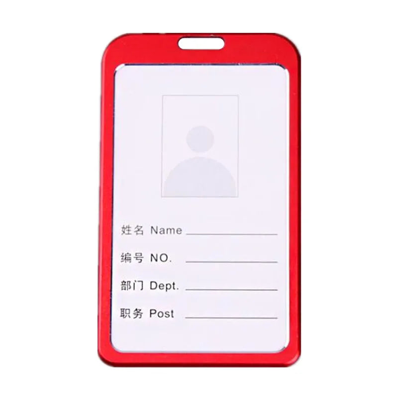 Porta de credenciales de plástico rojo con campos en blanco para nombre, número de identificación, departamento y puesto.