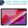 A clear tempered glass screen protector is shown being applied to a tablet screen displaying a colorful wallpaper.