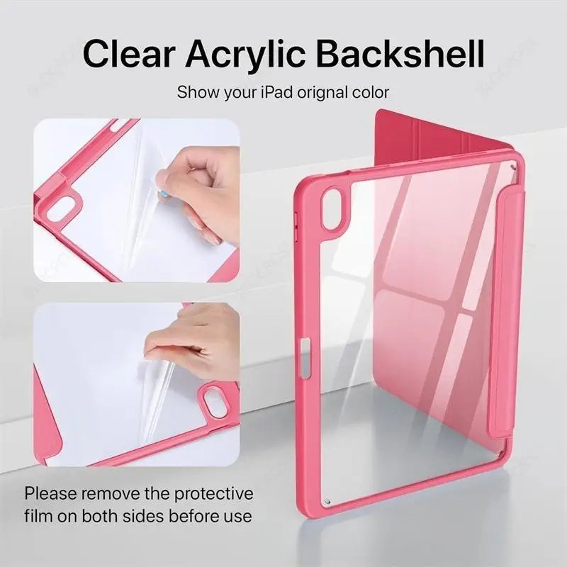 Clear acrylic backshell case in pink showing the iPad original color with protective film removed