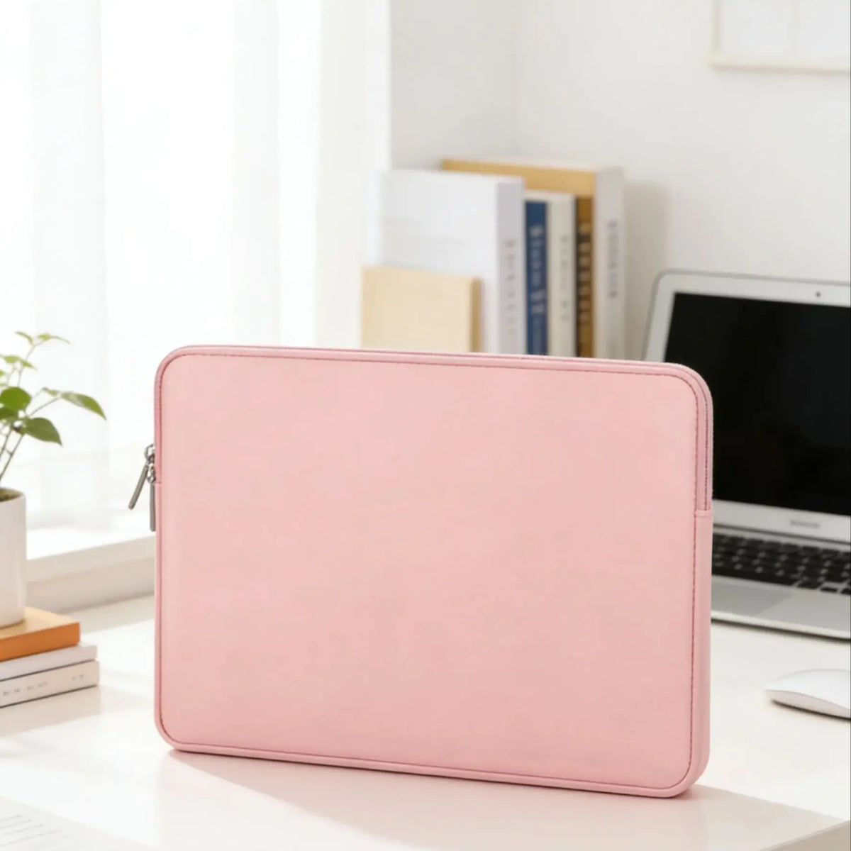 A pink waterproof PU leather laptop sleeve resting on a white desk next to a laptop and some books.