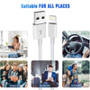 A white USB-A to Lightning fast charging cable with multiple ports shown in various contexts like office, car, and outdoors.