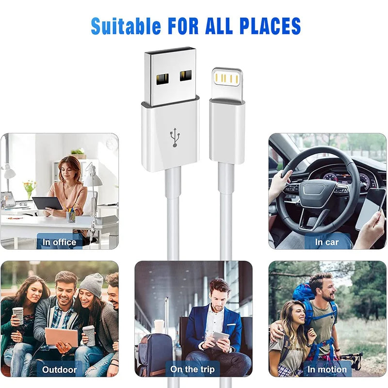 A white USB-A to Lightning fast charging cable with multiple ports shown in various contexts like office, car, and outdoors.
