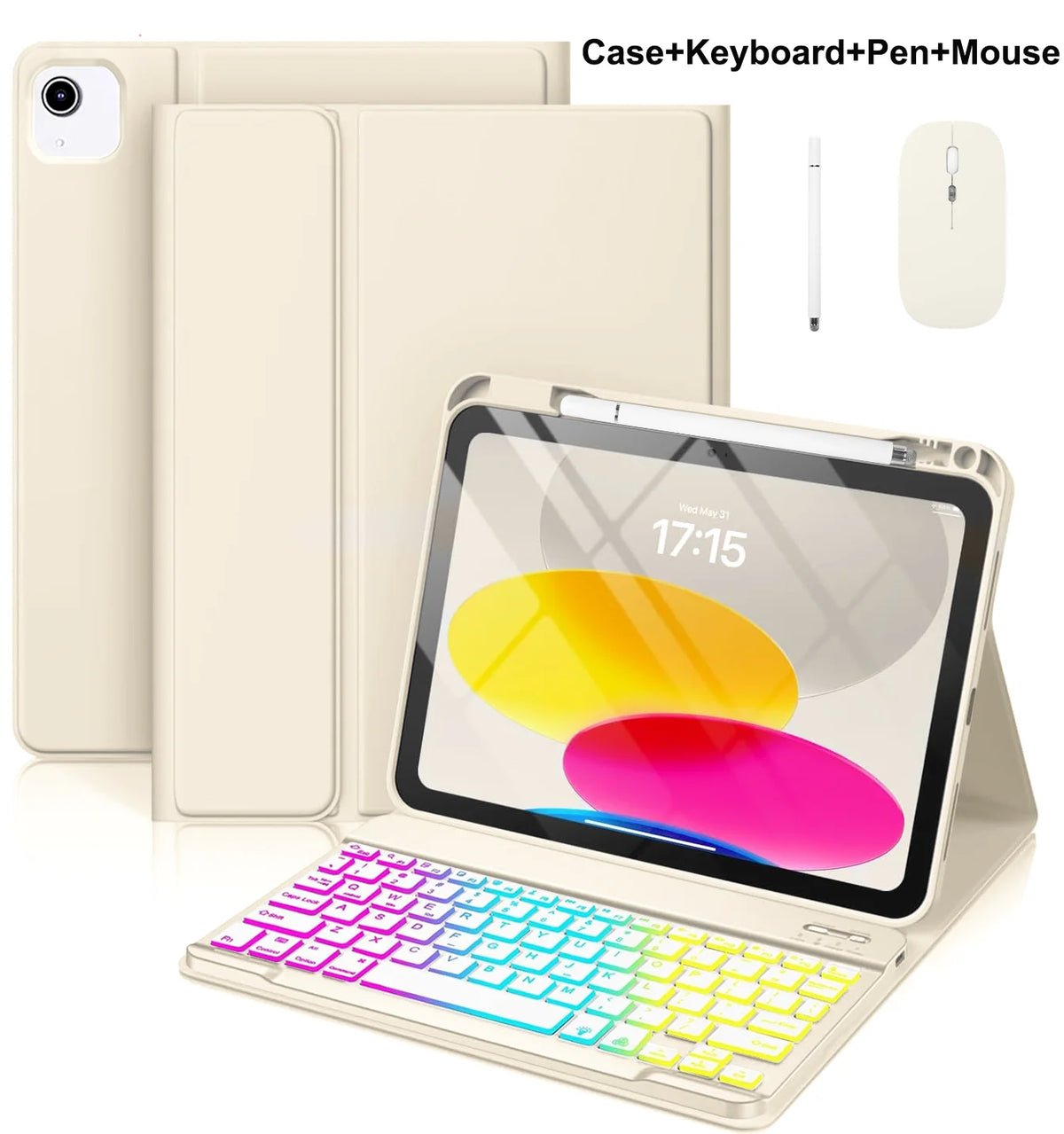 A beige multi-function case for an iPad showing the tablet, keyboard, pen, and mouse accessories.