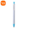 A white and light blue retractable pencil eraser is shown against a white background.
