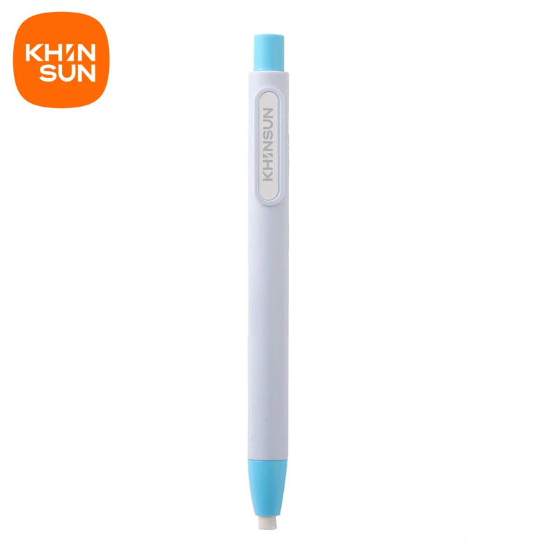 A white and light blue retractable pencil eraser is shown against a white background.