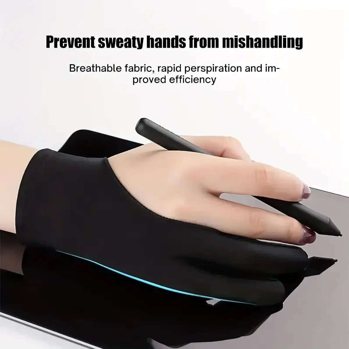 Black anti-smudge drawing gloves worn by a hand, designed to prevent sweaty hands from mishandling.
