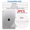 A package showing a silver tempered glass screen protector designed for iPad models A1822, A1823, A1893, and A1954.