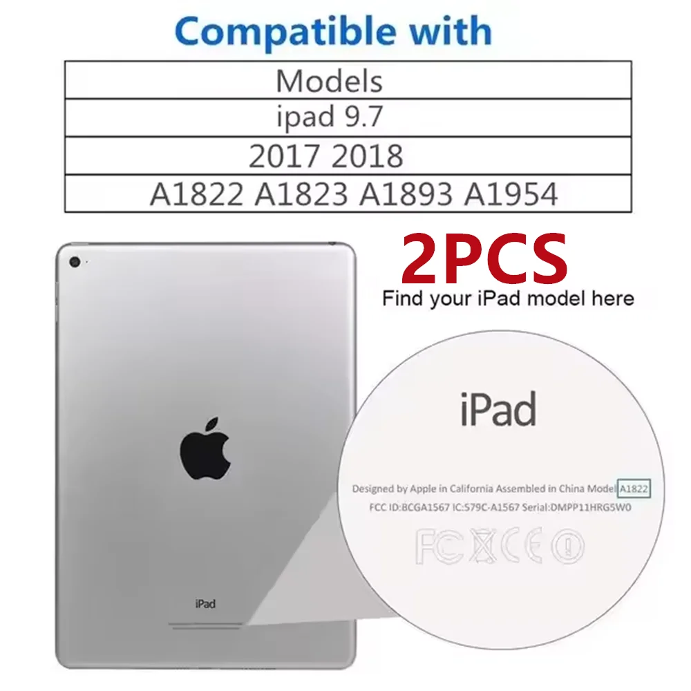 A package showing a silver tempered glass screen protector designed for iPad models A1822, A1823, A1893, and A1954.