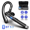 A black wireless Bluetooth 5.3 earphone with a microphone and charging case shown next to features like endurance and noise r