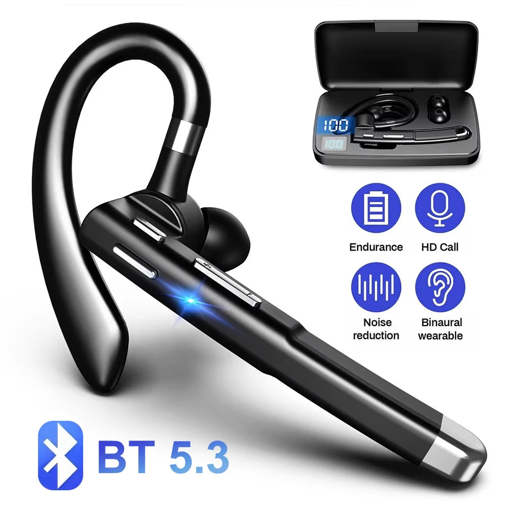A black wireless Bluetooth 5.3 earphone with a microphone and charging case shown next to features like endurance and noise r