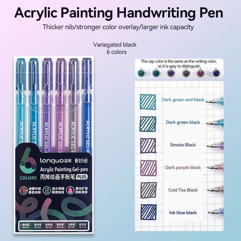 A set of Languo 90-color acrylic gel pens featuring various black and colored ink options.