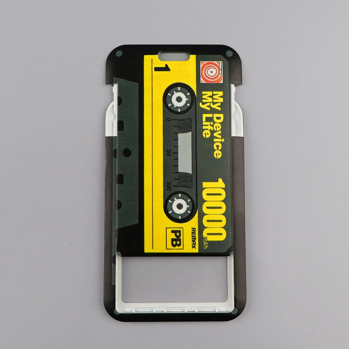 A black and yellow ID badge holder featuring a cassette tape design and a scale marked up to 10000.