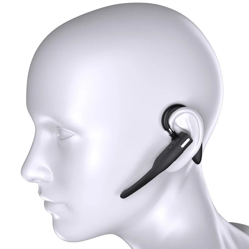 A white head model shows a professional wireless Bluetooth earphone with a black cable connected to the ear.