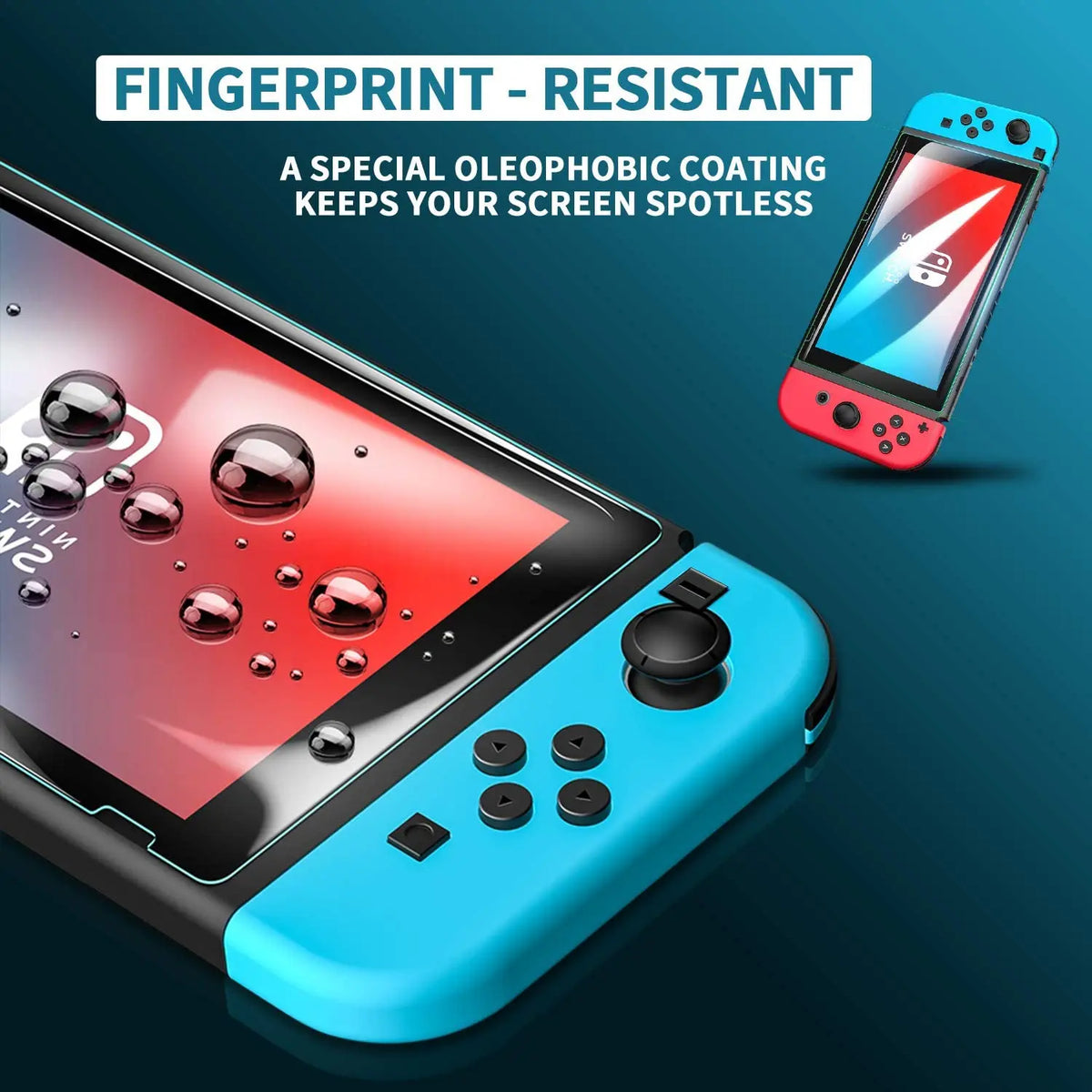 Nahaufnahme eines fingerdichten gehärteten Displayschutzfilters für eine Nintendo Switch-Konsole.