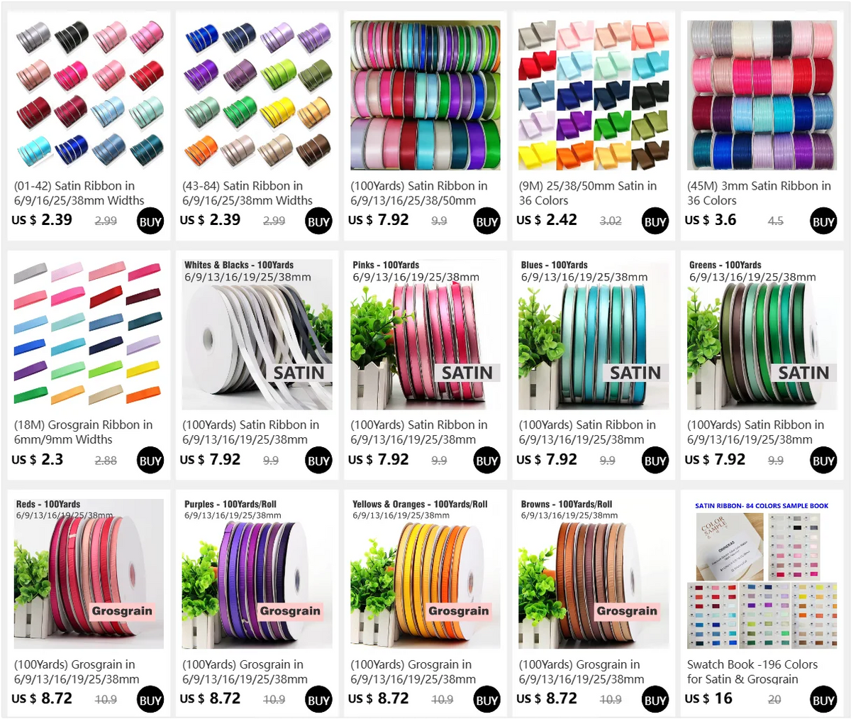 Eine Sammlung von doppelseitigen Satinbandrollen in verschiedenen Farben und Breiten, darunter rosa, blau, grün und mehrfarbi