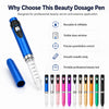 A blue beauty dosage pen with a clear dose window and various colored tips is shown alongside its packaging.