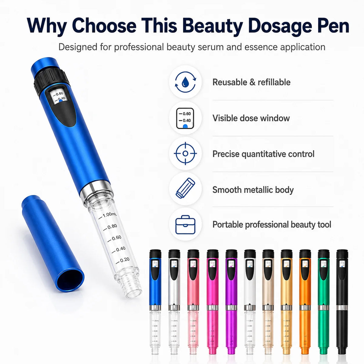 A blue beauty dosage pen with a clear dose window and various colored tips is shown alongside its packaging.