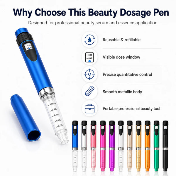 A blue beauty dosage pen with a clear dose window and various colored tips is shown alongside its packaging.