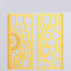 A set of yellow multi-shape geometric drawing templates and rulers for technical drawing.