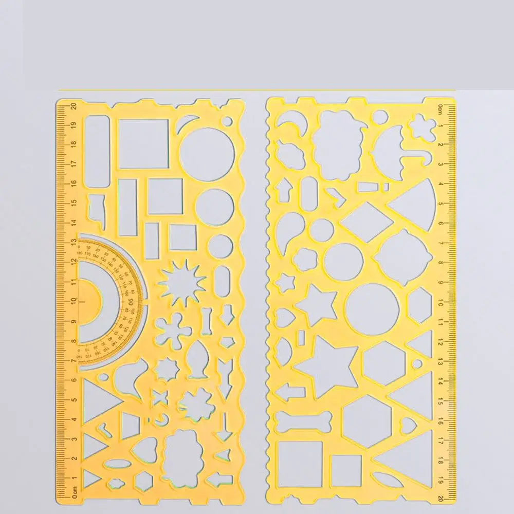 A set of yellow multi-shape geometric drawing templates and rulers for technical drawing.