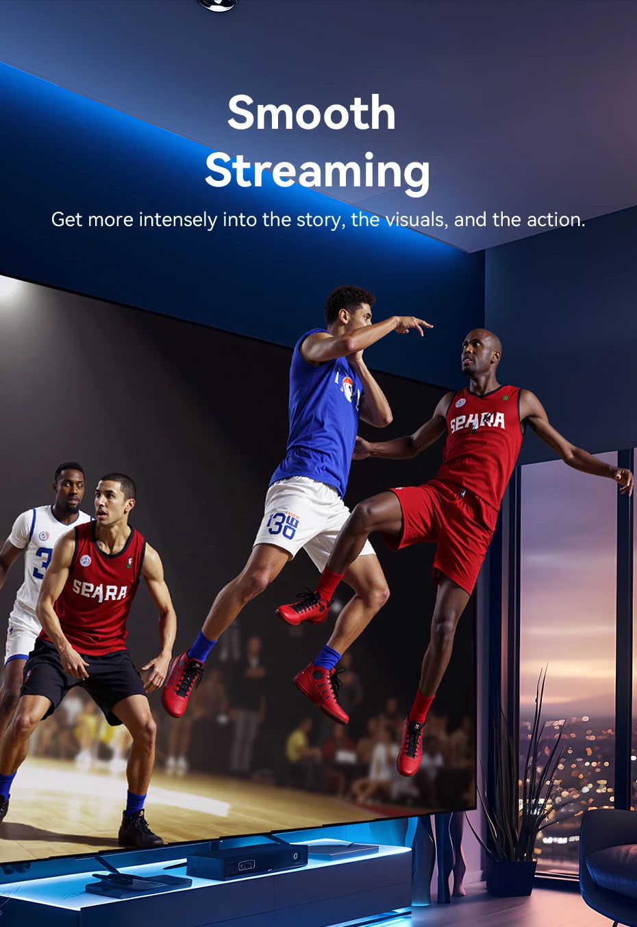 Ein Mann in blauem Hemd spielt intensiv einen Sport, mit Werbung für flüssiges Streaming.