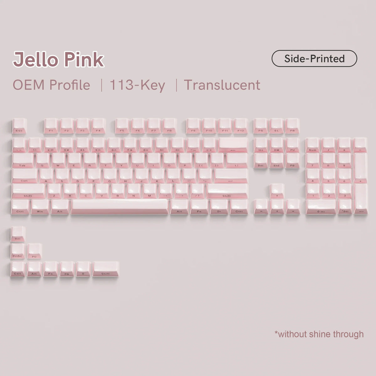 A set of translucent pink jelly keycaps for mechanical keyboards, featuring an OEM profile and 113 keys.