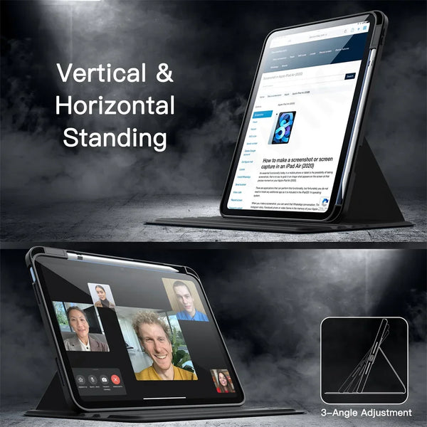 Demonstration of a protective rotating case for an Apple iPad showing vertical and horizontal standing features.