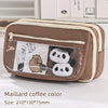 Brown Maillard coffee color pencil case with a transparent flip pocket showing panda figures