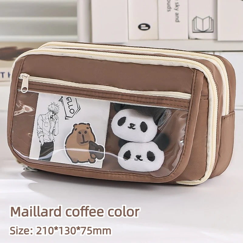 Brown Maillard coffee color pencil case with a transparent flip pocket showing panda figures