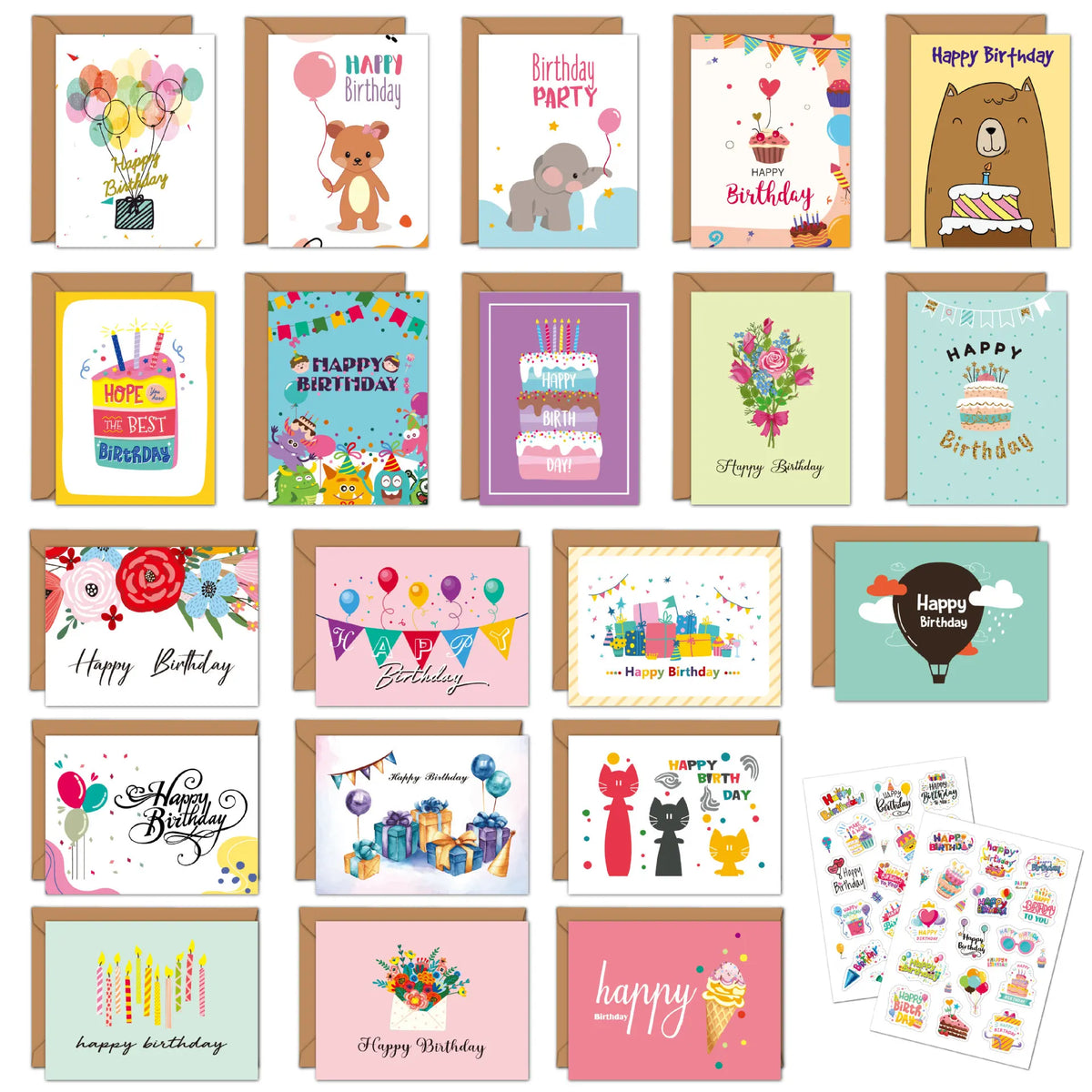 Eine Sammlung von 20 handgeschriebenen Geburtstagskarten mit verschiedenen Tieren und bunten Designs.