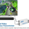 A Wii to HDMI converter adapter connects a Wii console to a monitor for audio and video transmission.