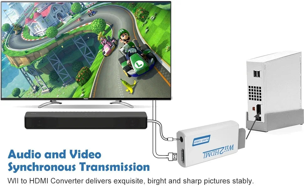 A Wii to HDMI converter adapter connects a Wii console to a monitor for audio and video transmission.